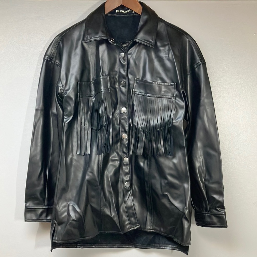 Blank NYC size small faux leather fringe black jacket EUC